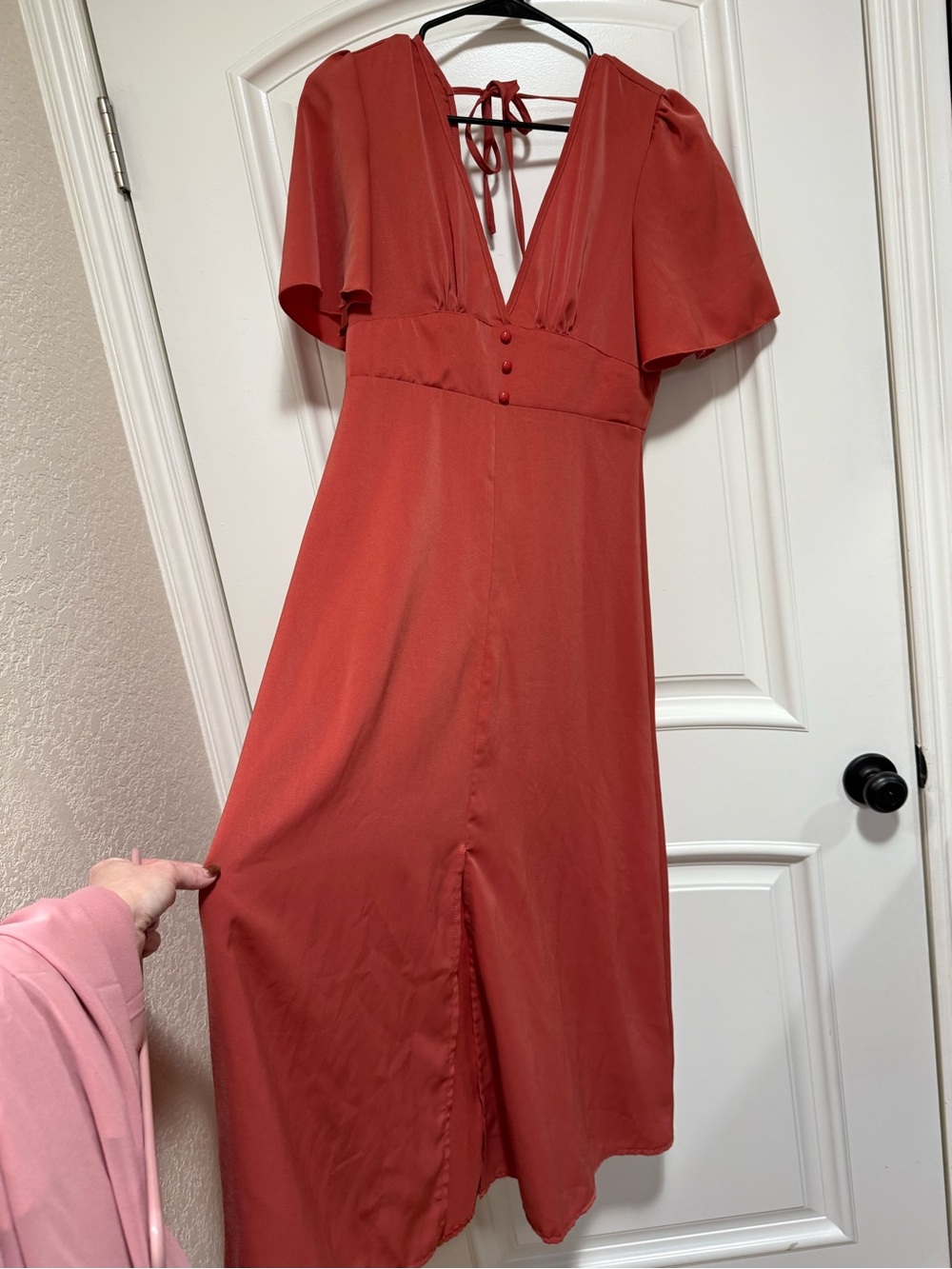 Rust Satin V-Neck Midi Dress with Button Detail
